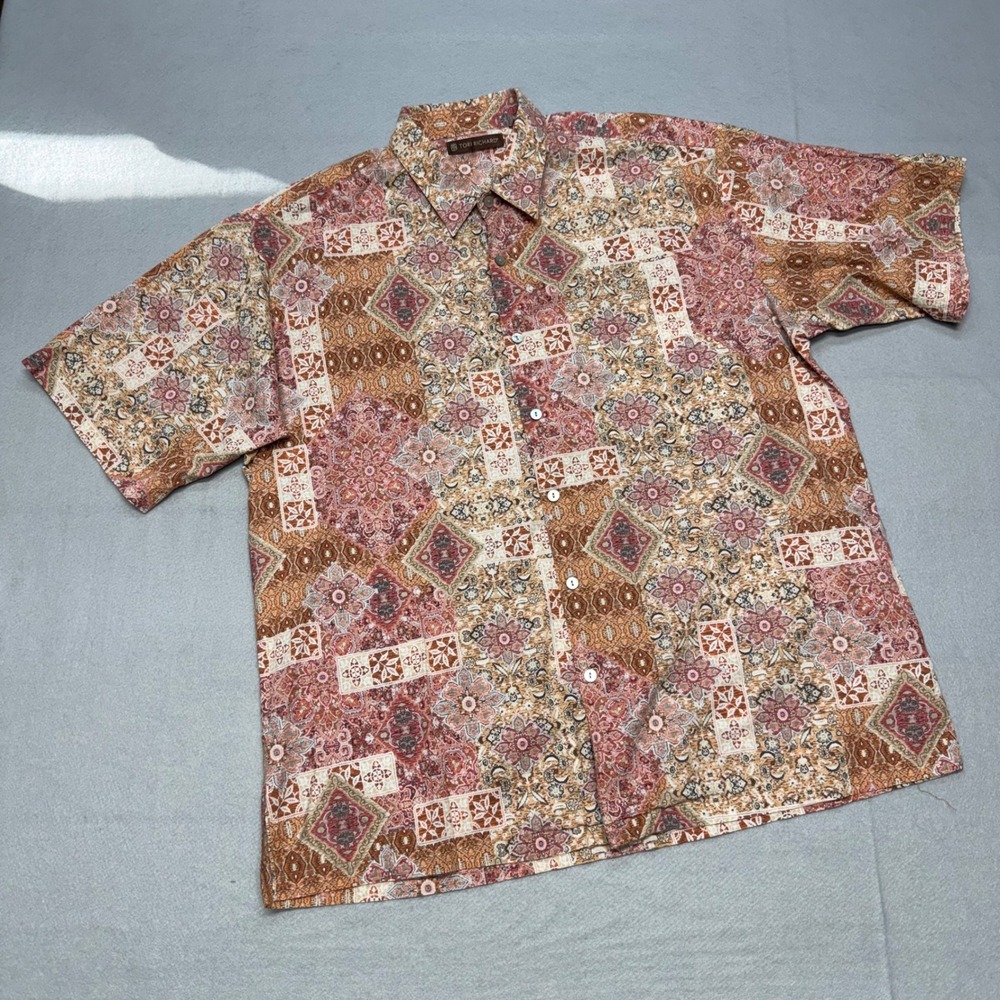 Tori Richard Men Large Orange Cotton Lawn Hawaiian Aloha Shirt Geometric Print